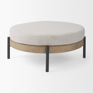 Colburne Cream Fabric w/ Brown Wood Round Ottoman