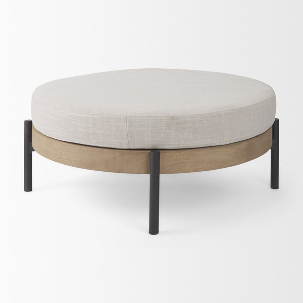 Colburne Cream Fabric w/ Brown Wood Round Ottoman