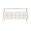 SIX DRAWER CONSOLE WITH OPEN SHELF IN TEXTURED WHITE LINEN WITH POLISHED BRASS KNOBS