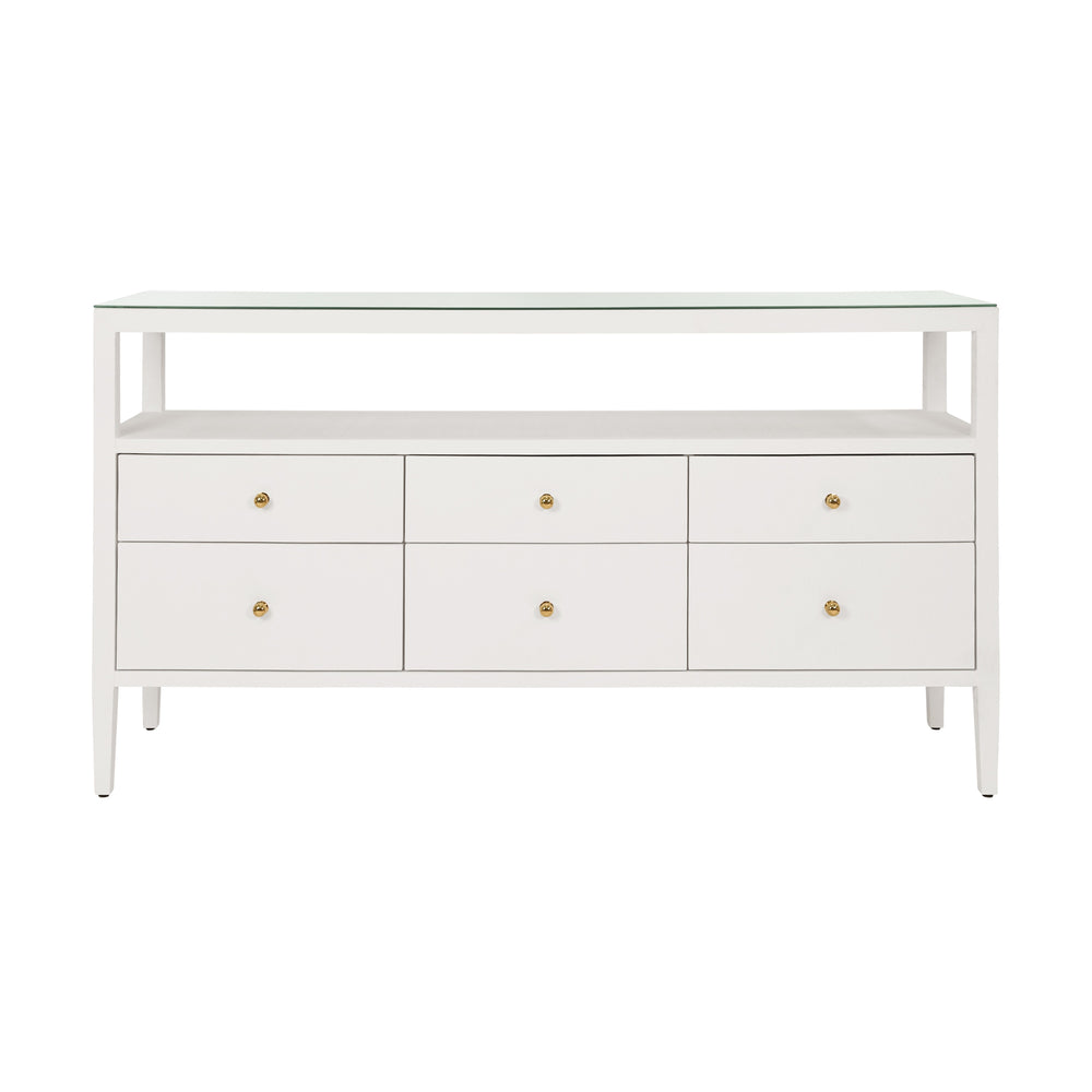 SIX DRAWER CONSOLE WITH OPEN SHELF IN TEXTURED WHITE LINEN WITH POLISHED BRASS KNOBS