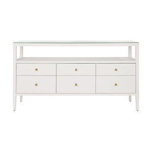SIX DRAWER CONSOLE WITH OPEN SHELF IN TEXTURED WHITE LINEN WITH POLISHED BRASS KNOBS