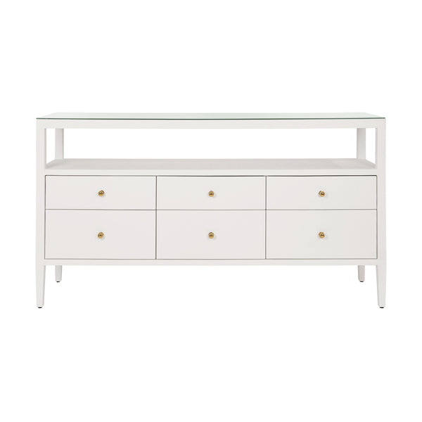 SIX DRAWER CONSOLE WITH OPEN SHELF IN TEXTURED WHITE LINEN WITH POLISHED BRASS KNOBS