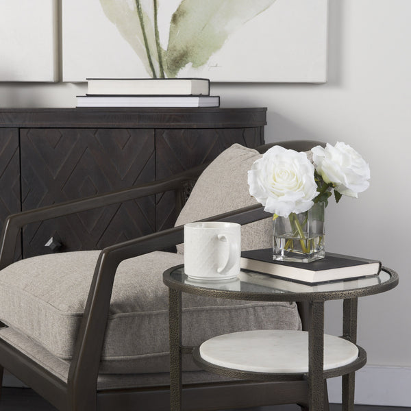 Felicity 15.8L X 15.8W X 22.5H Glass Top W/ White Marble Shelf and Antique Gold Base End/Side Table
