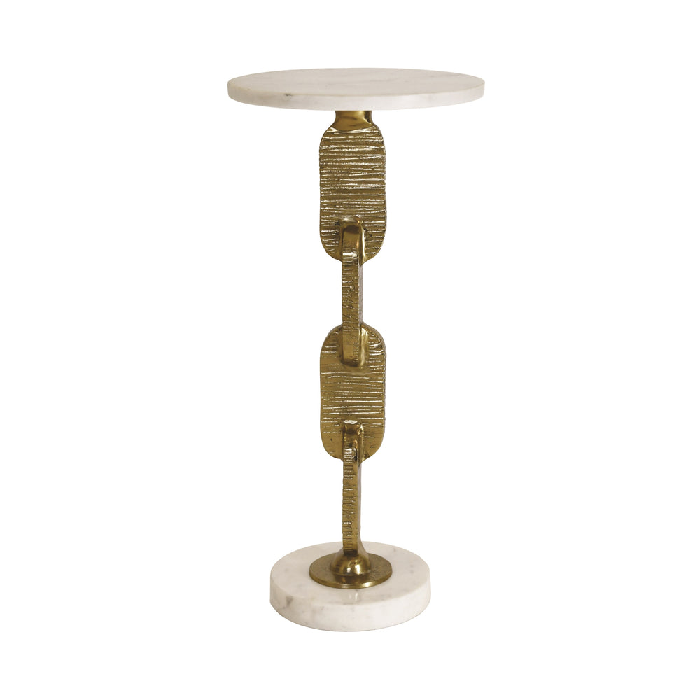 ROUND CIGAR TABLE WITH INTERLOCKING HAMMERED BRASS BASE AND WHITE MARBLE TOP