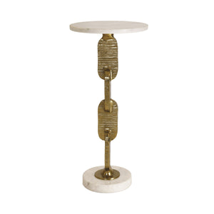 ROUND CIGAR TABLE WITH INTERLOCKING HAMMERED BRASS BASE AND WHITE MARBLE TOP