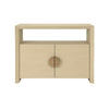 TWO DOOR CONSOLE WITH OPEN SHELF IN NATURAL GRASSCLOTH WITH CERUSED OAK HANDLES
