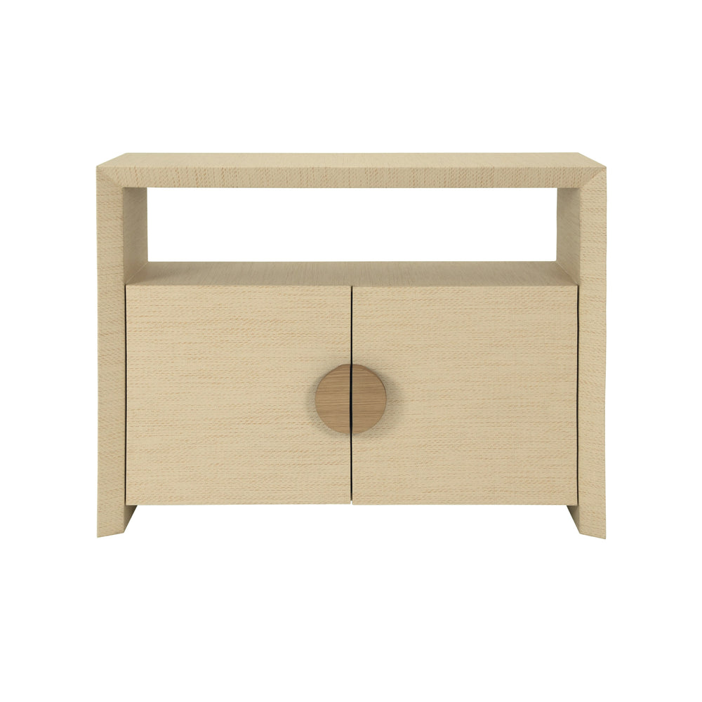 TWO DOOR CONSOLE WITH OPEN SHELF IN NATURAL GRASSCLOTH WITH CERUSED OAK HANDLES
