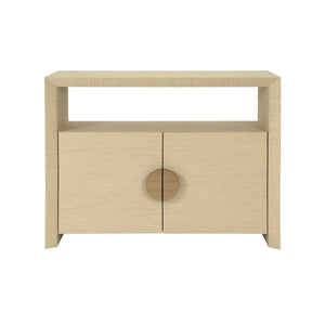 TWO DOOR CONSOLE WITH OPEN SHELF IN NATURAL GRASSCLOTH WITH CERUSED OAK HANDLES