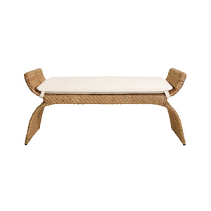 ARCHED BENCH IN WOVEN WATER HYACINTH WITH PERFORMANCE IVORY LINEN CUSHION