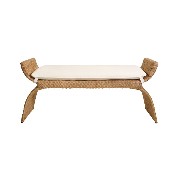ARCHED BENCH IN WOVEN WATER HYACINTH WITH PERFORMANCE IVORY LINEN CUSHION