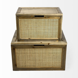 Sonny 23.6L x 15.7W x 13.8H Set of Two Brown Wood and Wicker W/ Metal Detail Rectangular Boxes
