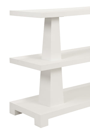 THREE TIER TWO COLUMN CONSOLE IN TEXTURED WHITE LINEN