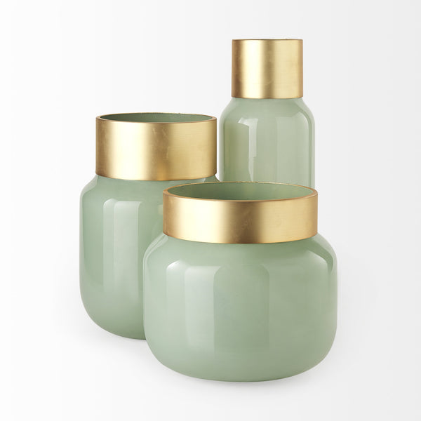 Minty  9.9L x 9.9W x 9.6H Green Glass Vase W/Matte Gold Metal Neck Cuff