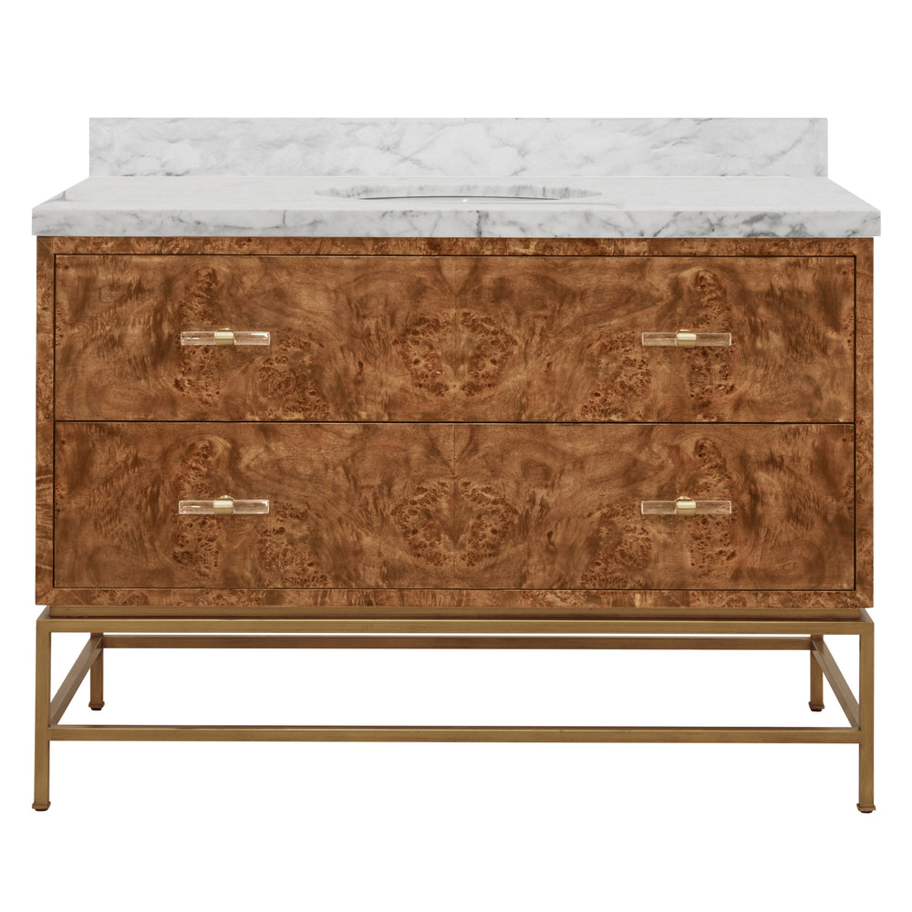 BATH VANITY IN MATTE DARK BURL WOOD AND ANTIQUE BRASS WITH WHITE MARBLE TOP AND PORCELAIN SINK, 48" WIDE