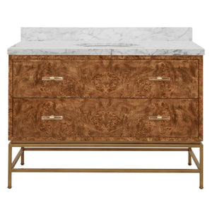 BATH VANITY IN MATTE DARK BURL WOOD AND ANTIQUE BRASS WITH WHITE MARBLE TOP AND PORCELAIN SINK, 48" WIDE