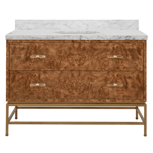 BATH VANITY IN MATTE DARK BURL WOOD AND ANTIQUE BRASS WITH WHITE MARBLE TOP AND PORCELAIN SINK, 48" WIDE