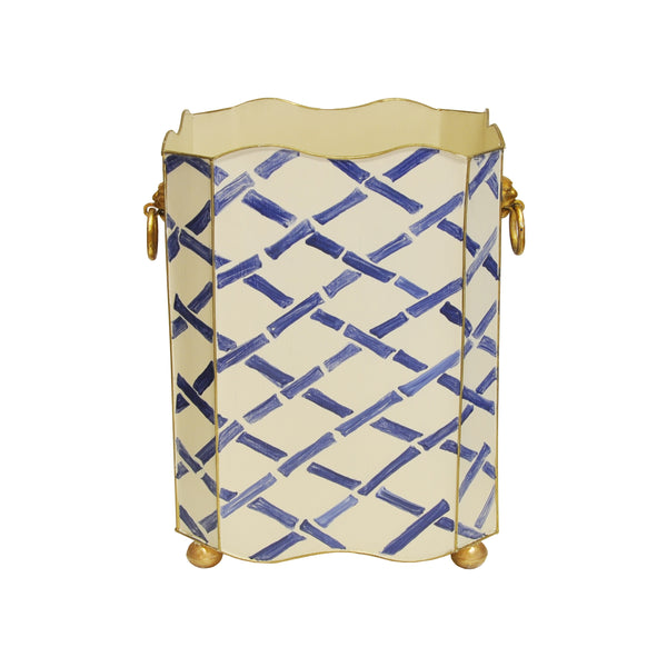SQUARE WASTEBASKET LION HANDLES IN BLUE BAMBOO