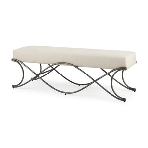 Ayla 55L x 17.6W x 18H Cream Fabric Seat W/ Antique Nickel Frame Bench