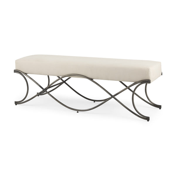 Ayla 55L x 17.6W x 18H Cream Fabric Seat W/ Antique Nickel Frame Bench