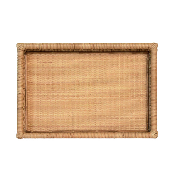 RECTANGULAR NATURAL RATTAN TRAY WITH BRASS RING DETAIL ON EDGE