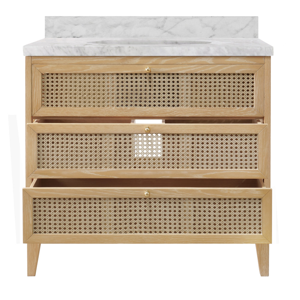BATH VANITY IN CERUSED OAK WITH CANE FRONT DRAWERS, WHITE MARBLE TOP, AND PORCELAIN SINK