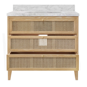 BATH VANITY IN CERUSED OAK WITH CANE FRONT DRAWERS, WHITE MARBLE TOP, AND PORCELAIN SINK