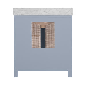 BATH VANITY IN MATTE LIGHT BLUE LACQUER WITH CANE FRONT DOORS, WHITE MARBLE TOP, PORCELAIN SINK, AND POLISHED BRASS KNOBS