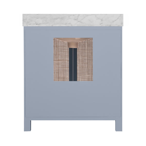 BATH VANITY IN MATTE LIGHT BLUE LACQUER WITH CANE FRONT DOORS, WHITE MARBLE TOP, PORCELAIN SINK, AND POLISHED BRASS KNOBS