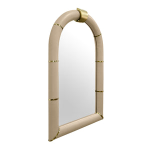 ARCHED FAUX IVORY LEATHER MIRROR WITH ANTIQUE BRASS DETAILS