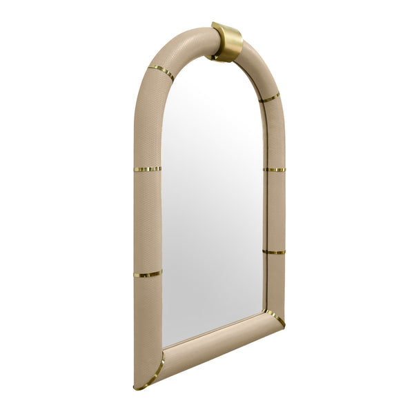 ARCHED FAUX IVORY LEATHER MIRROR WITH ANTIQUE BRASS DETAILS