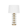 ACRYLIC AND BRUSHED BRASS STACK LAMP WITH WHITE LINEN SHADE