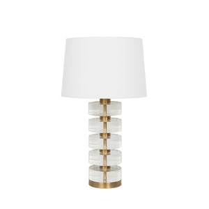 ACRYLIC AND BRUSHED BRASS STACK LAMP WITH WHITE LINEN SHADE