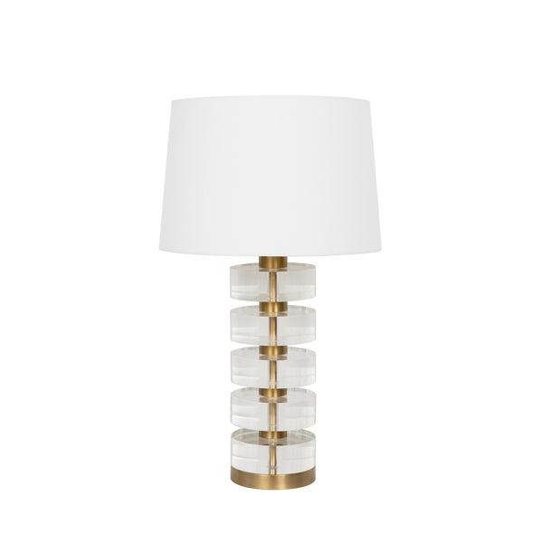 ACRYLIC AND BRUSHED BRASS STACK LAMP WITH WHITE LINEN SHADE