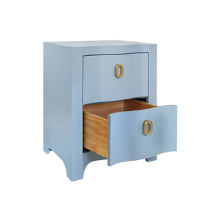 CURVED FRONT SIDE TABLE WITH TWO DRAWERS IN LIGHT BLUE TEXTURED LINEN WITH SATIN BRASS RING HARDWARE