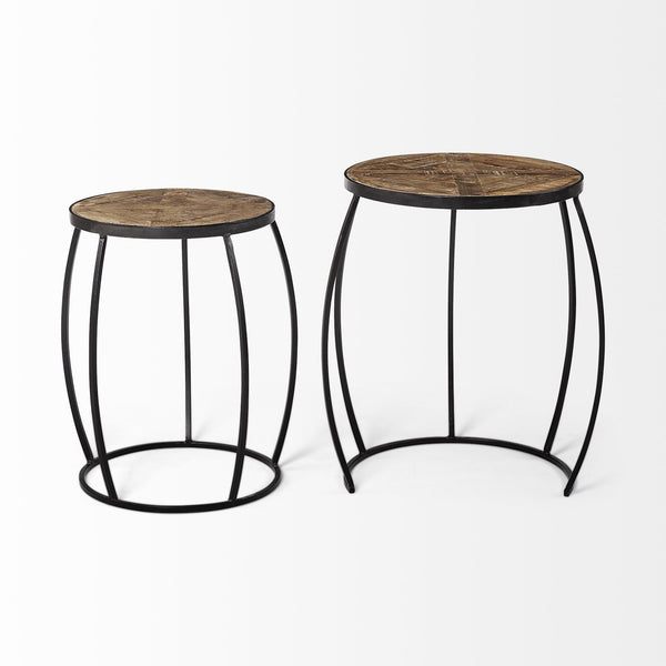 Clapp IV (Set of 2) 20L x 20W Brown Round Wood Top W/ Black Iron Frame Nesting Accent Tables