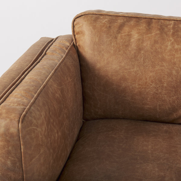 Brooks 41.7L x 34.8W x 33.5H Cognac Brown Faux Leather Chair W/ Medium Brown Wooden Legs