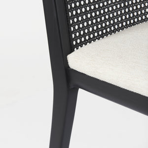 Clara Black Wood W/ Cream Fabric Seat and Cane Back Armless Dining Chair