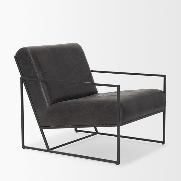 Stratton Gunmetal w/ Genuine Aged Black Leather Upholstered Accent Chair