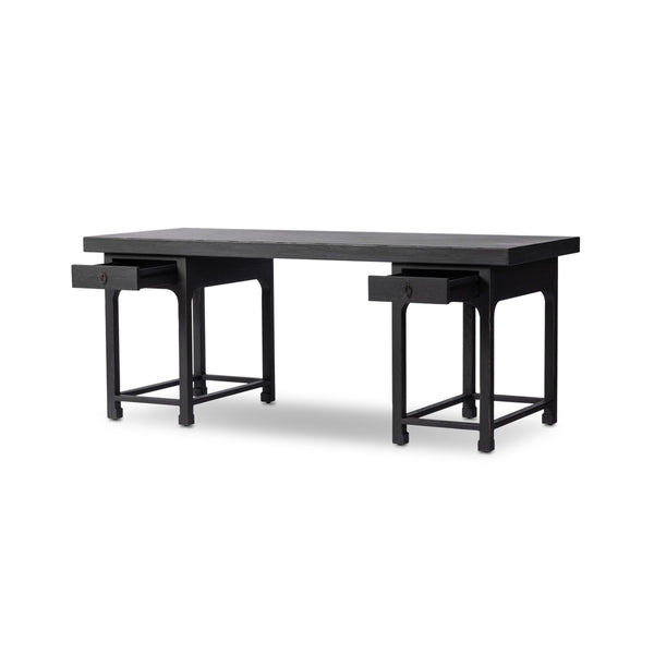 Avedon Desk In Aged Black Oak And Aged Black Oak Veneer And Brass Patina