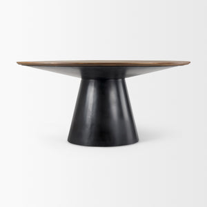 Mitchell Black Metal Pedestal Base with Brown Wood Top Dining Table 63.0L x 63.0W x 30.0H