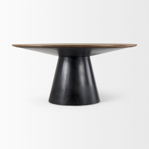 Mitchell Black Metal Pedestal Base with Brown Wood Top Dining Table 63.0L x 63.0W x 30.0H