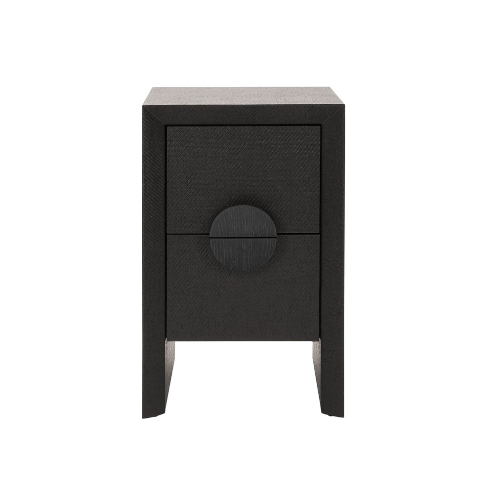 TWO DRAWER SMALL SIDE TABLE IN BLACK PAINTED GRASSCLOTH WITH BLACK OAK HANDLES