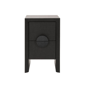 TWO DRAWER SMALL SIDE TABLE IN BLACK PAINTED GRASSCLOTH WITH BLACK OAK HANDLES