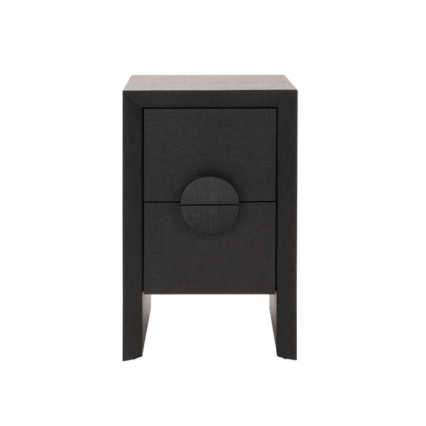 TWO DRAWER SMALL SIDE TABLE IN BLACK PAINTED GRASSCLOTH WITH BLACK OAK HANDLES