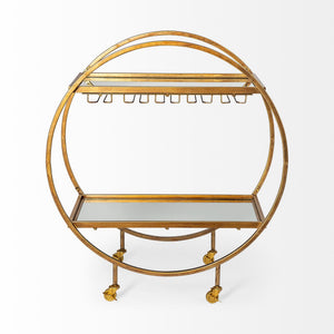 Carola Gold Frame Two-Tier Glass Shelves w/Stemware Holder Bar Cart