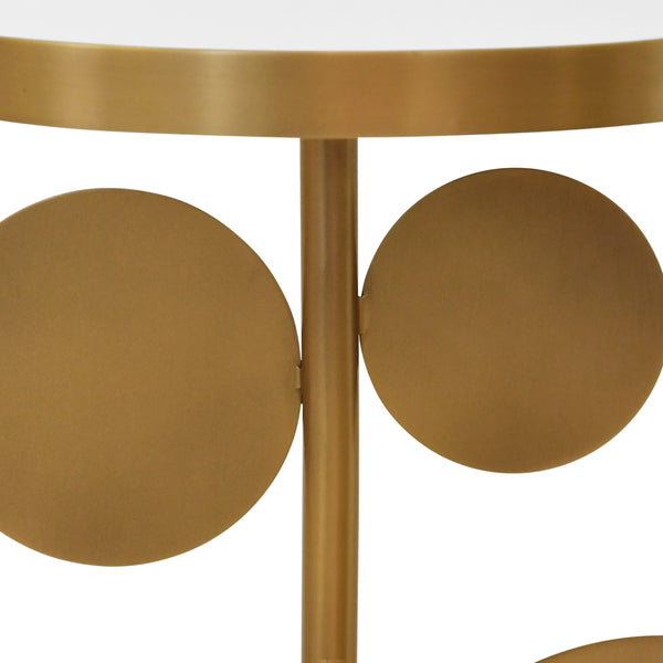 ROUND BRASS SIDE TABLE FEATURING BASE WITH ARRAY OF ANTIQUE BRASS DISCS, WHITE MARBLE BASE, AND INSET MIRROR