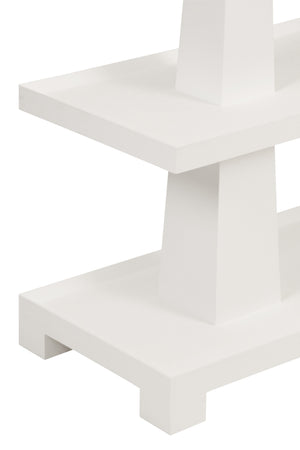 THREE TIER TWO COLUMN CONSOLE IN TEXTURED WHITE LINEN