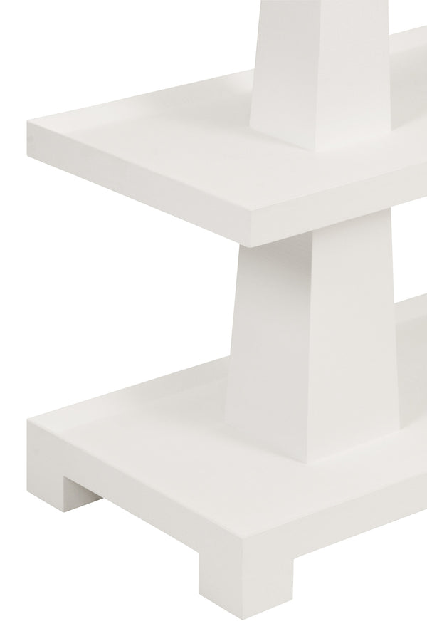 THREE TIER TWO COLUMN CONSOLE IN TEXTURED WHITE LINEN