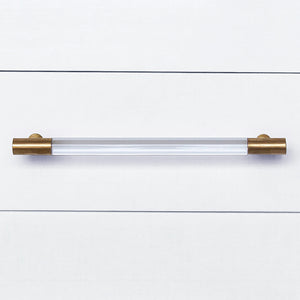 THREE DRAWER SIDE TABLE IN TEXTURED WHITE LINEN WITH ANTIQUE BRASS AND ACRYLIC HARDWARE