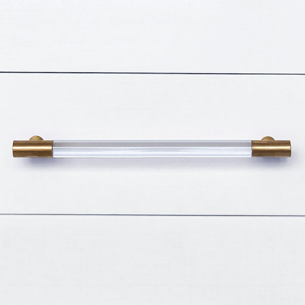 THREE DRAWER SIDE TABLE IN TEXTURED WHITE LINEN WITH ANTIQUE BRASS AND ACRYLIC HARDWARE